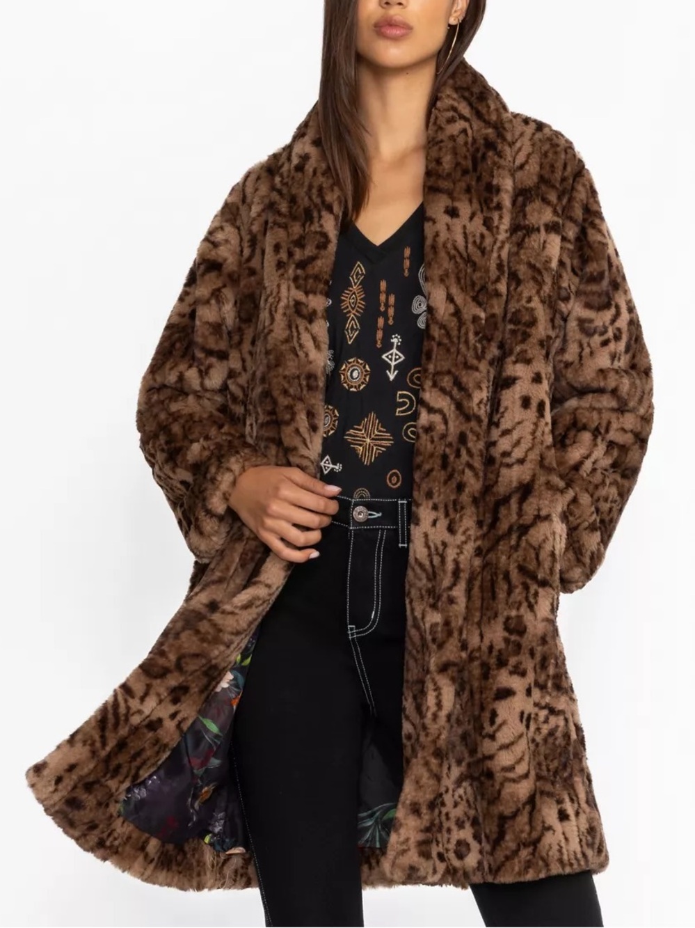 Johnny Was Faux Fur Leopard Coat Large Brown Animal Print Fall Winter Maximalist